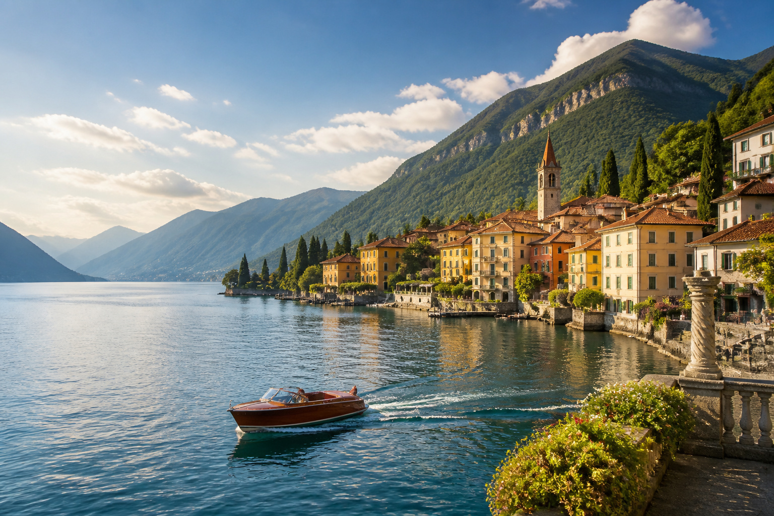 Village de lac italien au coucher du soleil