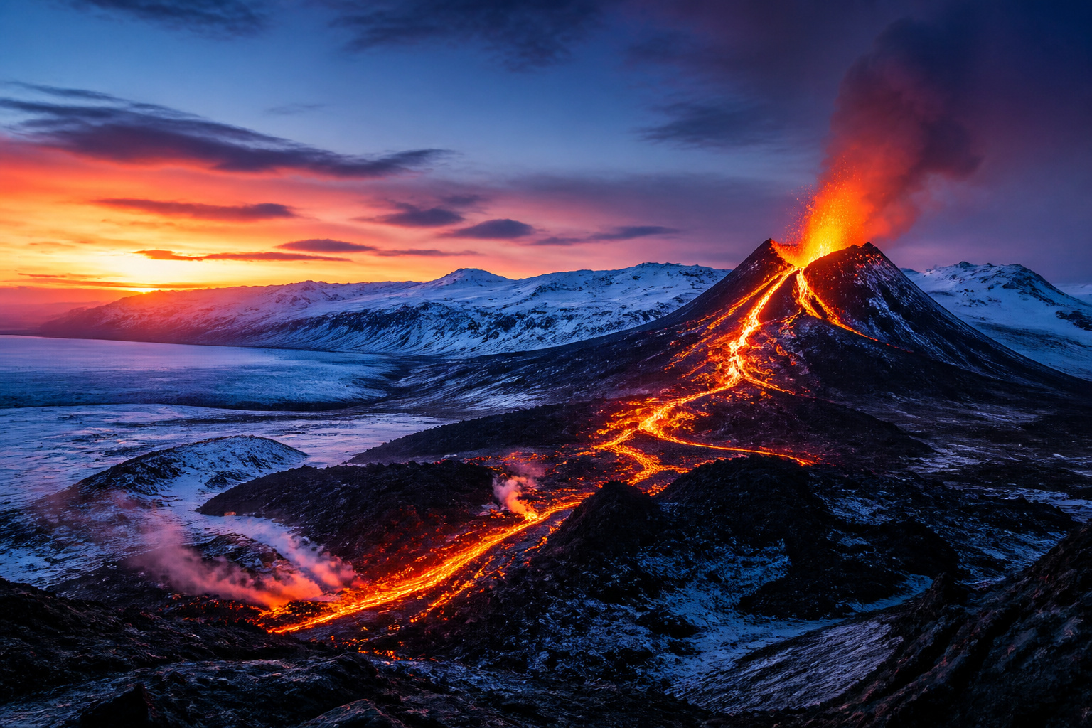 Volcanisme et glaciers islandais au crepuscule