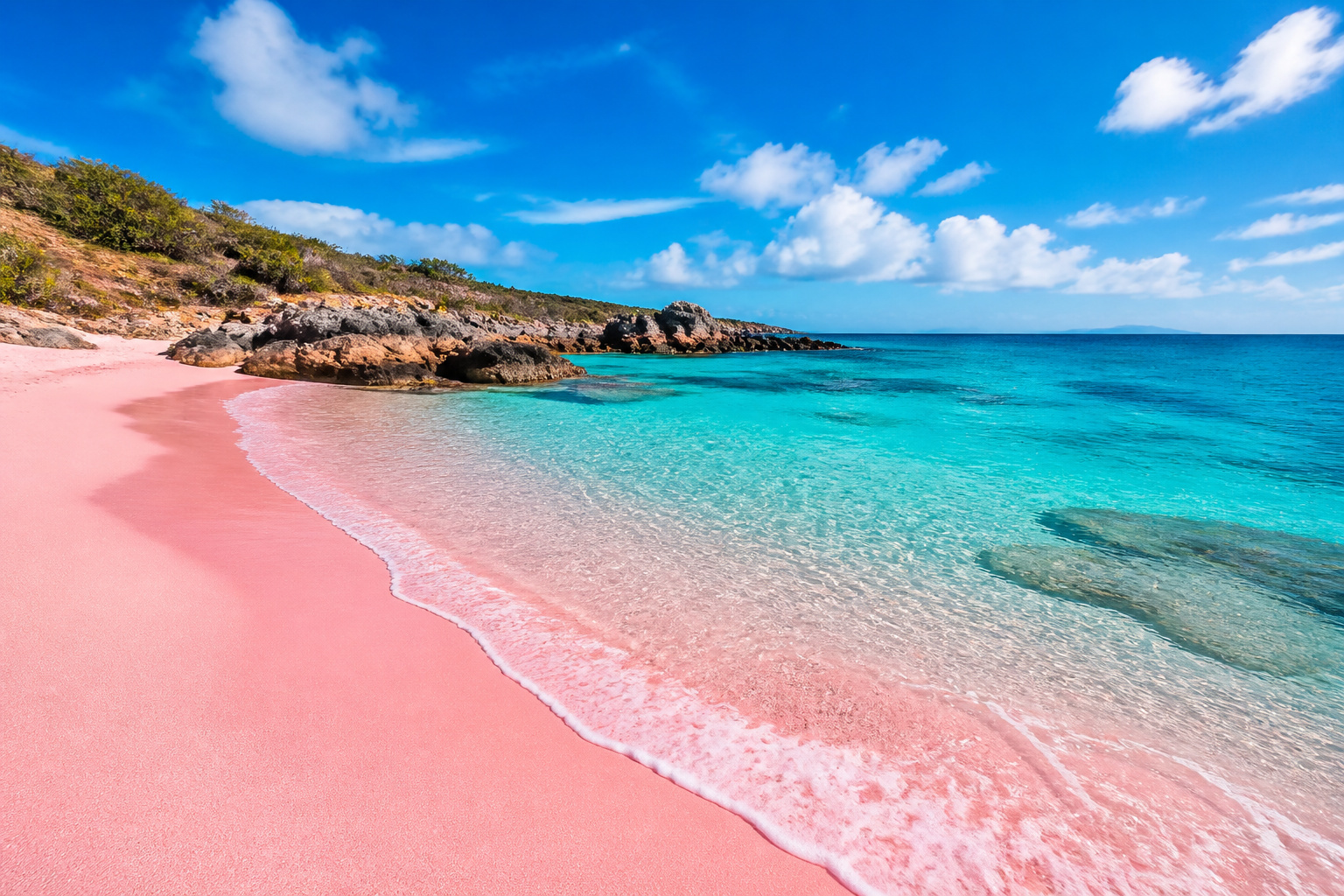 Plage de sable rose et eaux turquoise