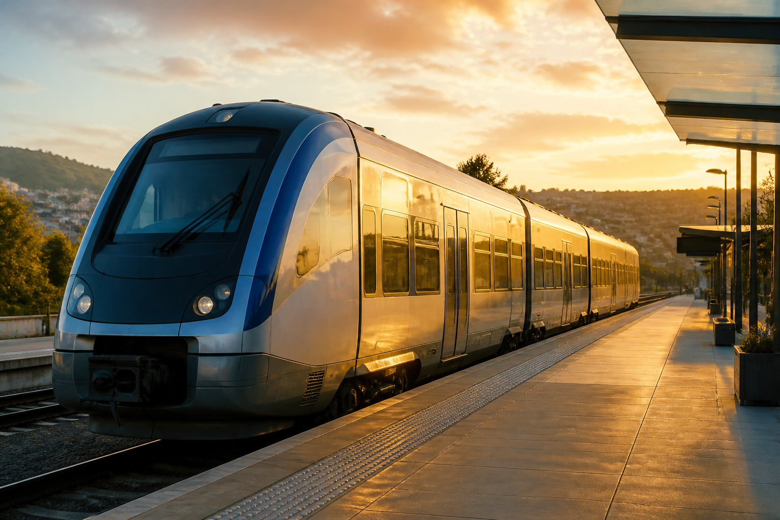 Train moderne a la lumiere doree