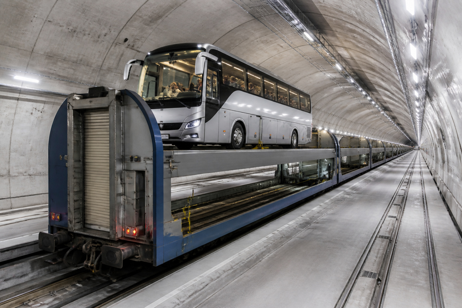 Bus sur wagon train dans le tunnel sous la manche