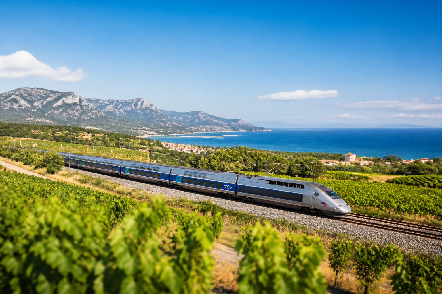 Train a grande vitesse traversant un paysage ensoleille